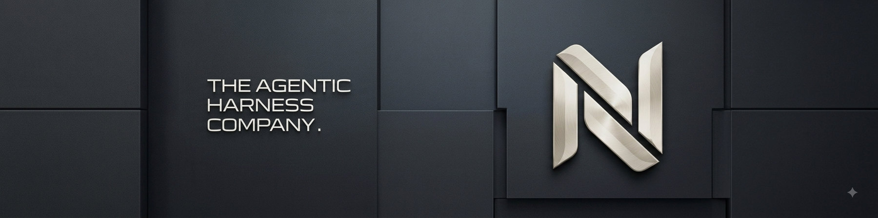 Nessco brand wall: the brushed-steel monogram mounted beside the words The Agentic Harness Company.